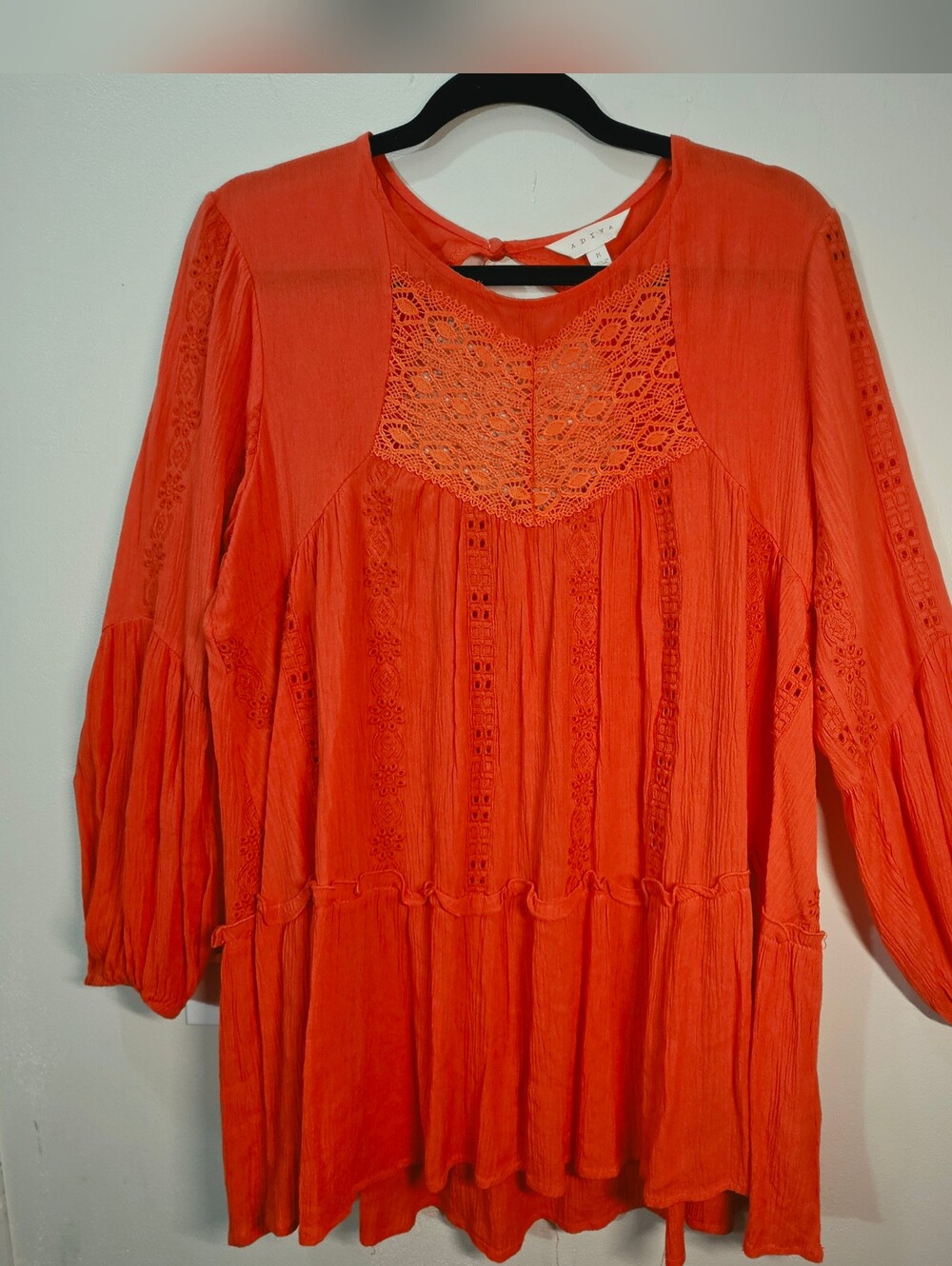 Boho Crochet Longsleeve Garter Peasant Blouse Top Tunic Coral Oversize M Renfair